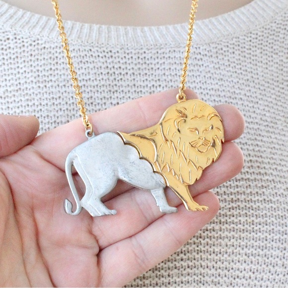 Vintage Lion Pendant Necklace Mixed Metal Gold Silver Tone Leo Zodiac Long Chain - Picture 3 of 5
